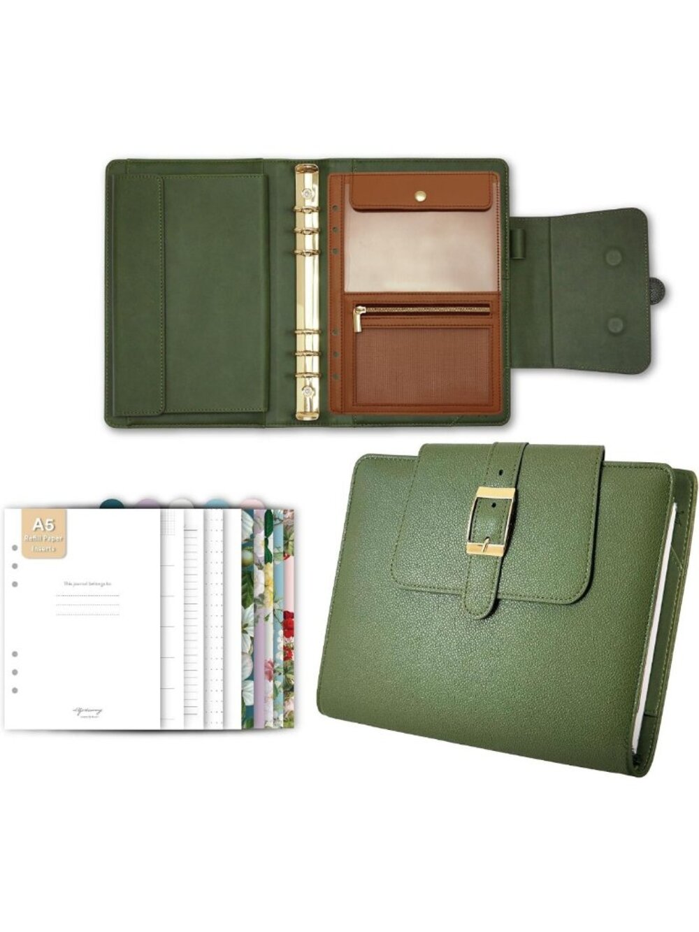 Stylish PU Leather 6-Ring Binder Planner with Removable Zip Pouch & Belt